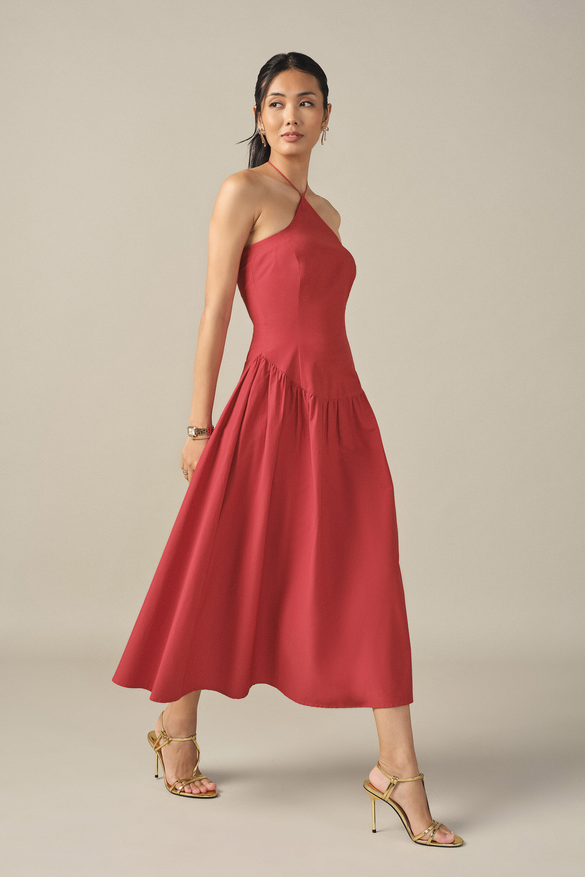 Halter Neck Drop Waist Midi Dress in Red, Red, image 2